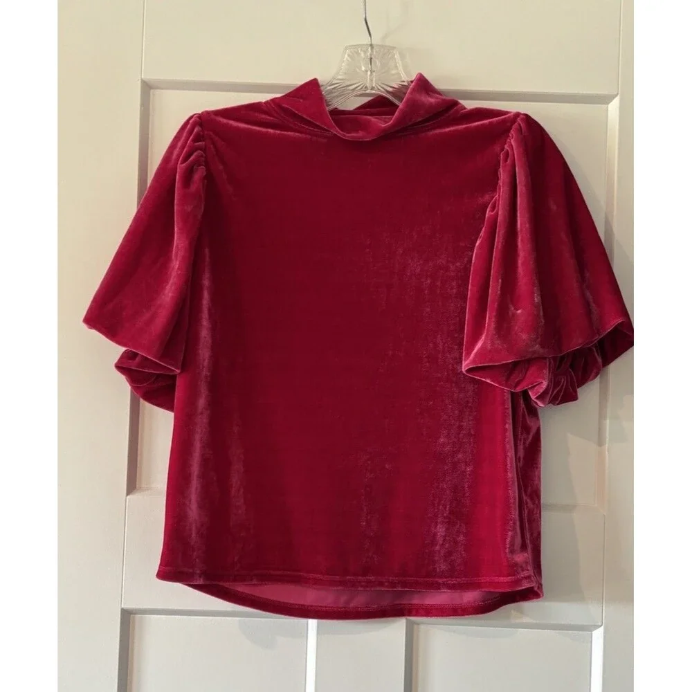Free People Velvet Puff Sleeve Claudia Top Size Small Fuschia Pink Mock Neck